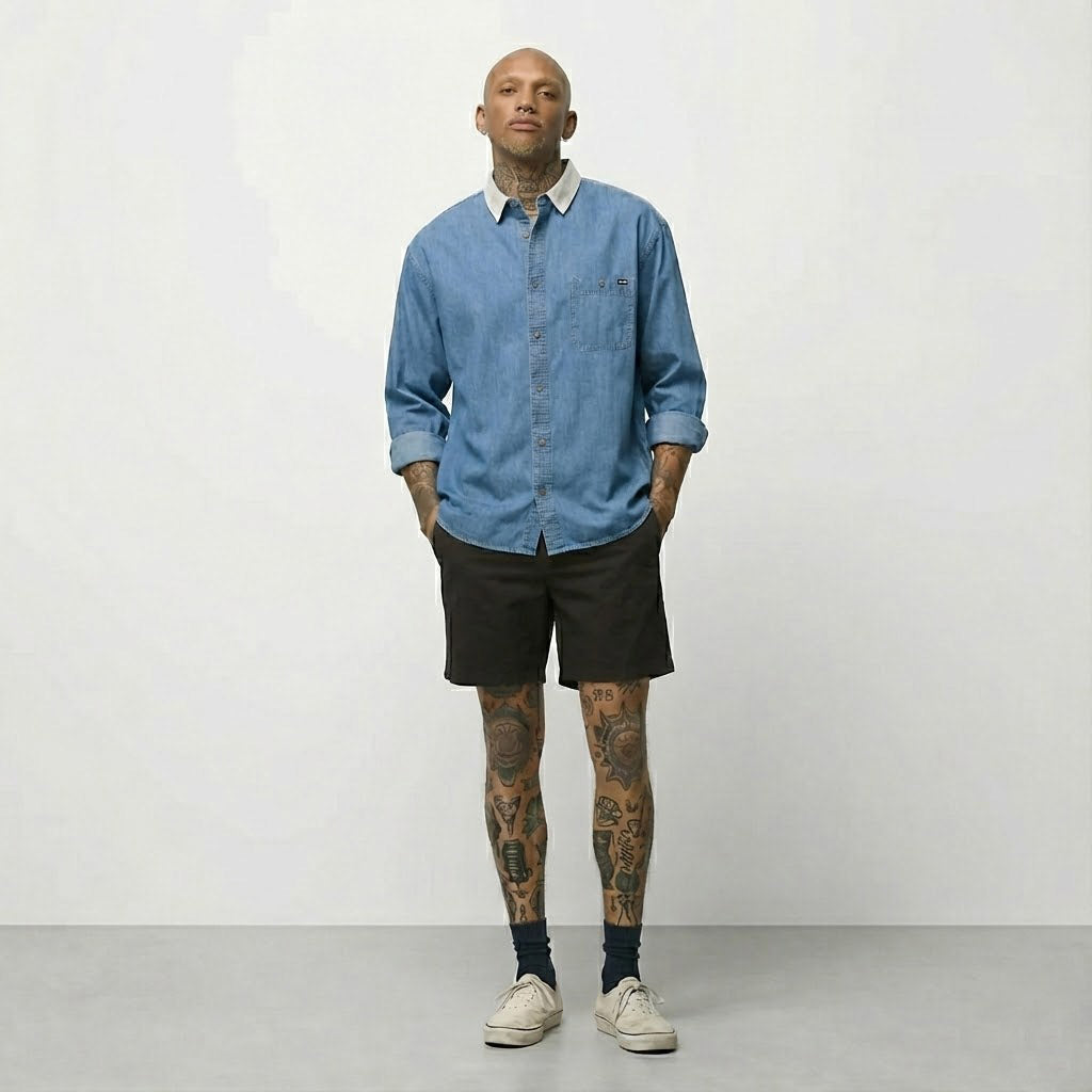 vans dress shirt Vans Deerfiel Washed Denim Buttondown Shirt (Vintage Indigo) Men's X Large