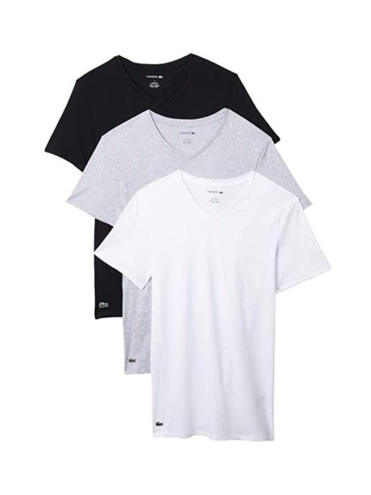 T of Lacoste White/Silver 3 Slim Chine/Black Mens V-Neck T-Shirt Basic