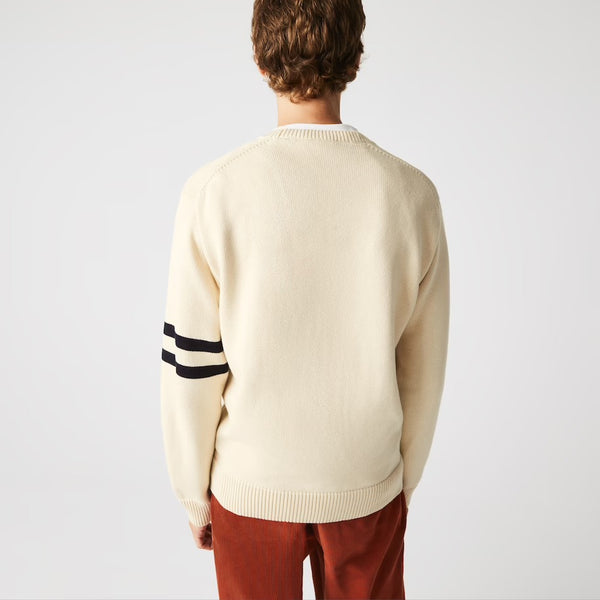 Lacoste Crew Neck Pennants L Badge Wool And Cotton Sweater Beige/Navy Blue AH6789-51 JY1 - APLAZE