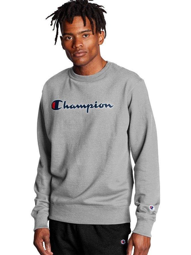 Champion Men's Powerblend Fleece Crew Script Logo Oxford Gray GF88H Y0