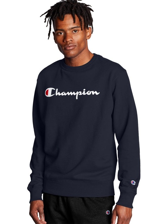 Champion Men's Powerblend Fleece Crew Script Logo Navy GF88H Y06794 NY
