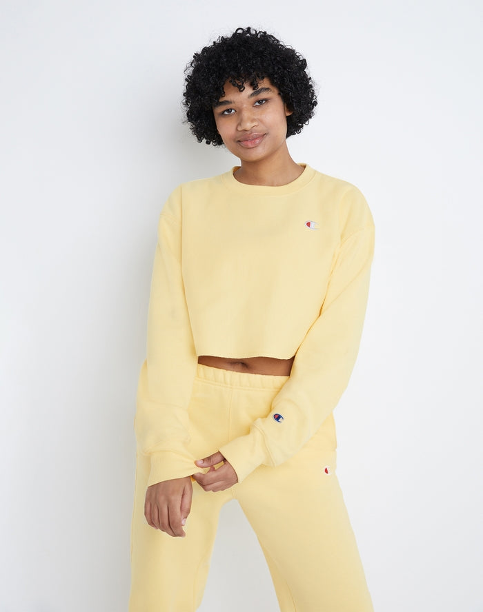 Champion Women's Reverse Weave Cropped Cut Off Crew Men's Fit Buttered