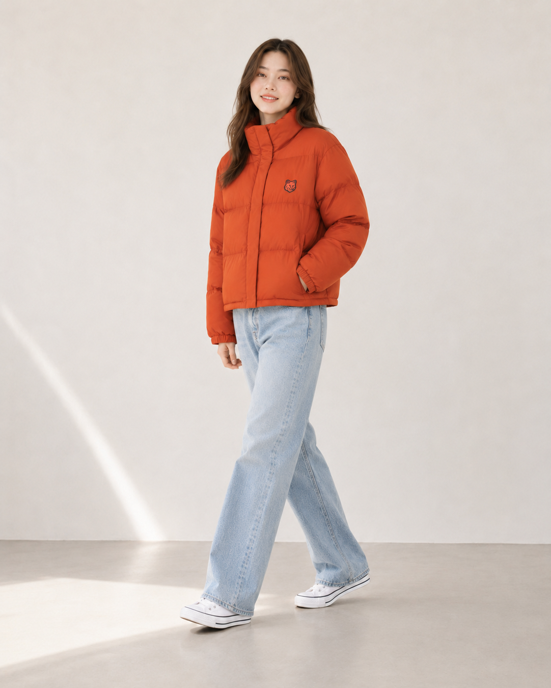 Maison Kitsune Women's Cropped Puffer In Nylon With Bold Fox Head Patch Clay LW02207WQ4016 P898