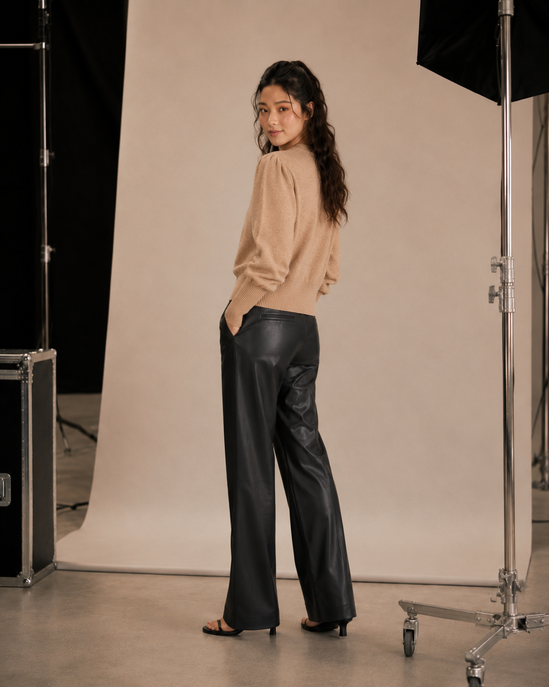 French Connection Cropped Balloon Sleeve Plain Jumper Knit 20 Camel Mel 78PXB