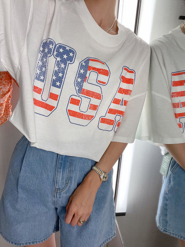 H&M Women's USA Printed Boxy T-Shirt White 0985271 007 H3