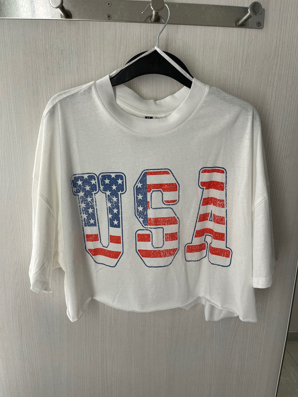 H&M Women's USA Printed Boxy T-Shirt White 0985271 007 H3