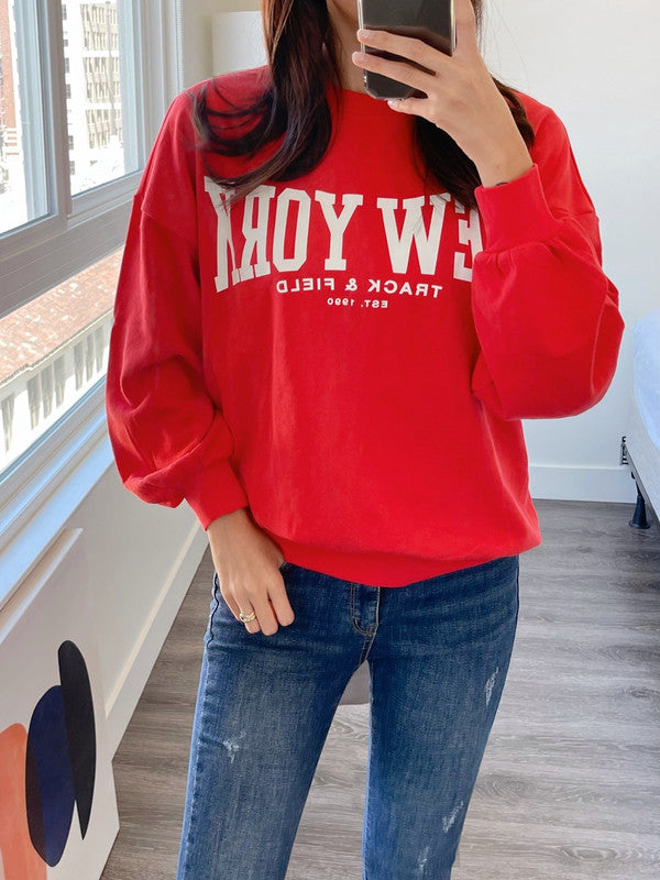 H&M Women's New York Printed Sweatshirt Bright Red 0989012 002 H1