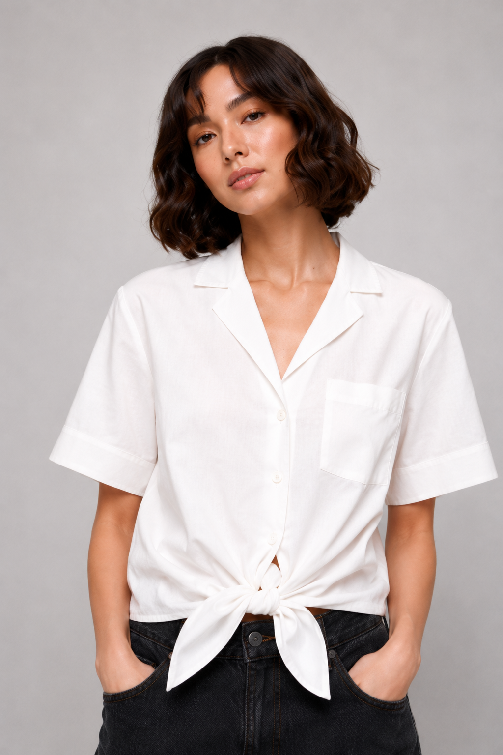 French Connection Tie Front Rhodes Poplin Shirt Summer White 72NDF