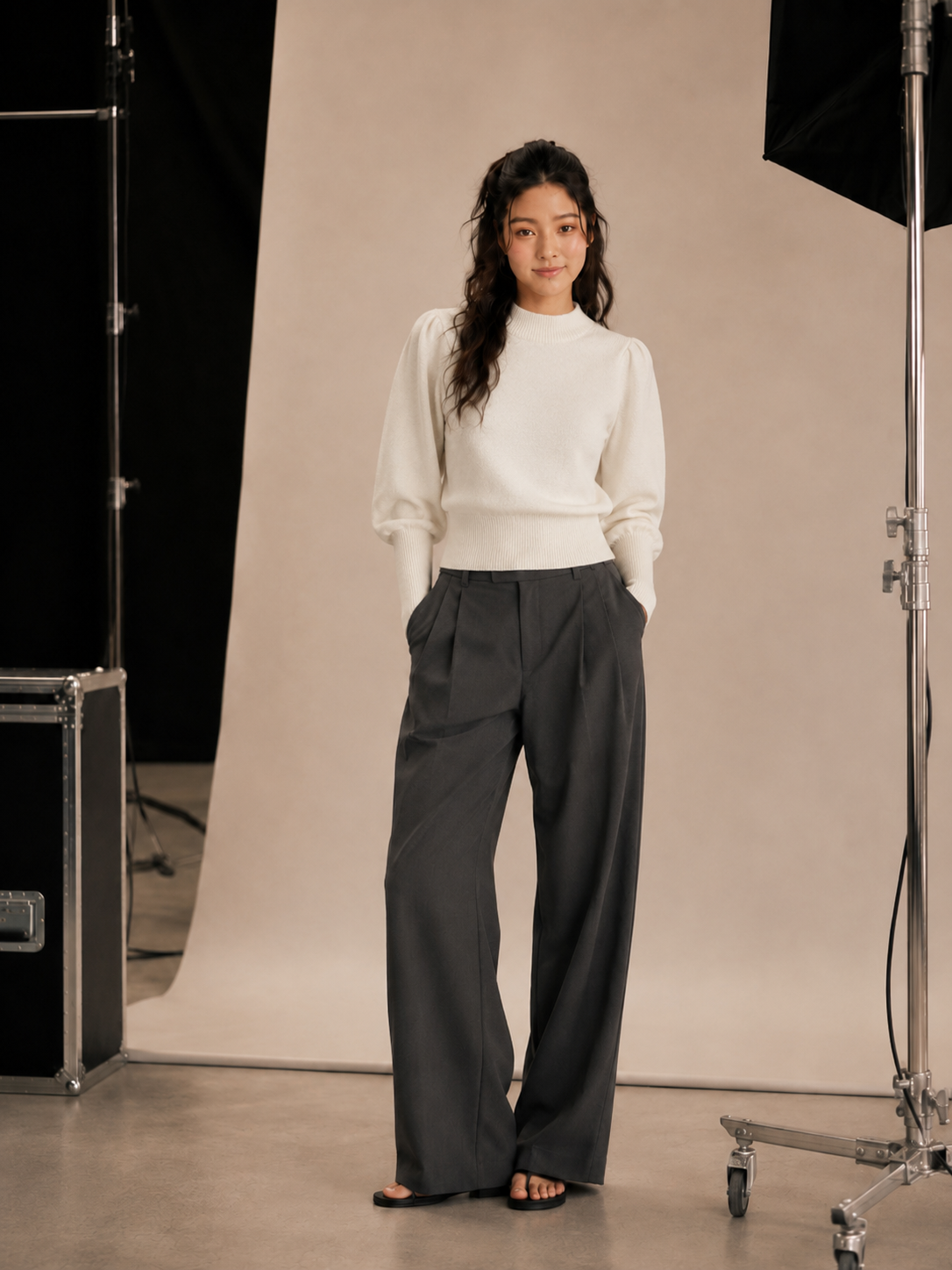 French Connection Cropped Balloon Sleeve Plain Jumper Knit 10 Winter White 78PXB