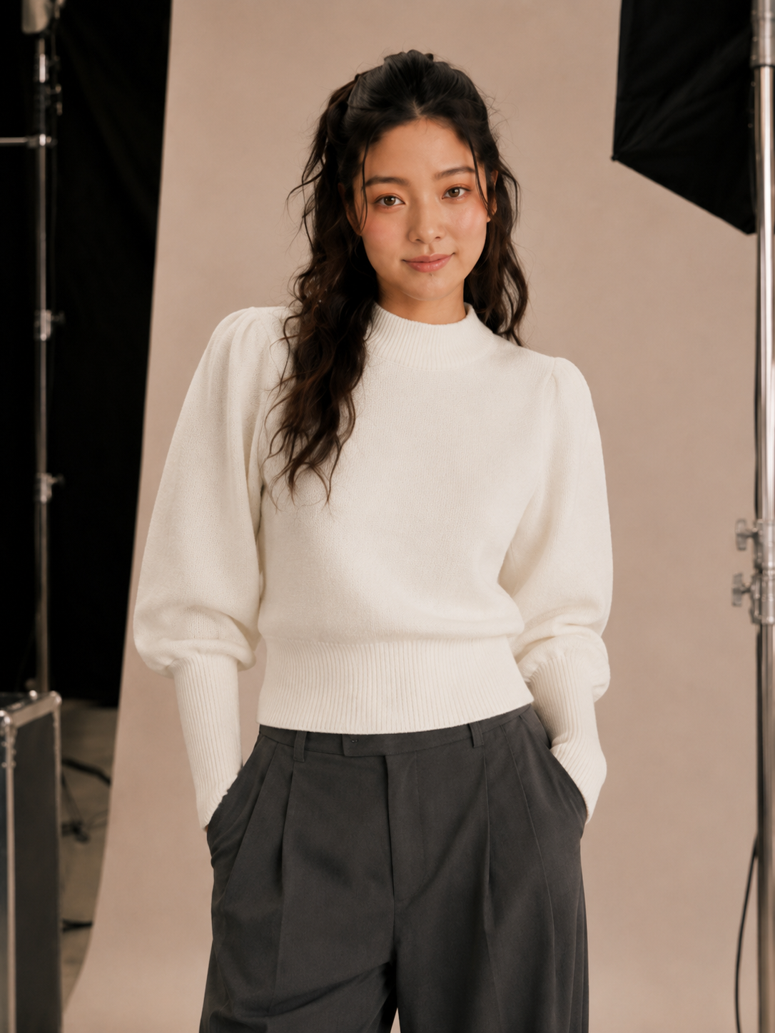 French Connection Cropped Balloon Sleeve Plain Jumper Knit 10 Winter White 78PXB
