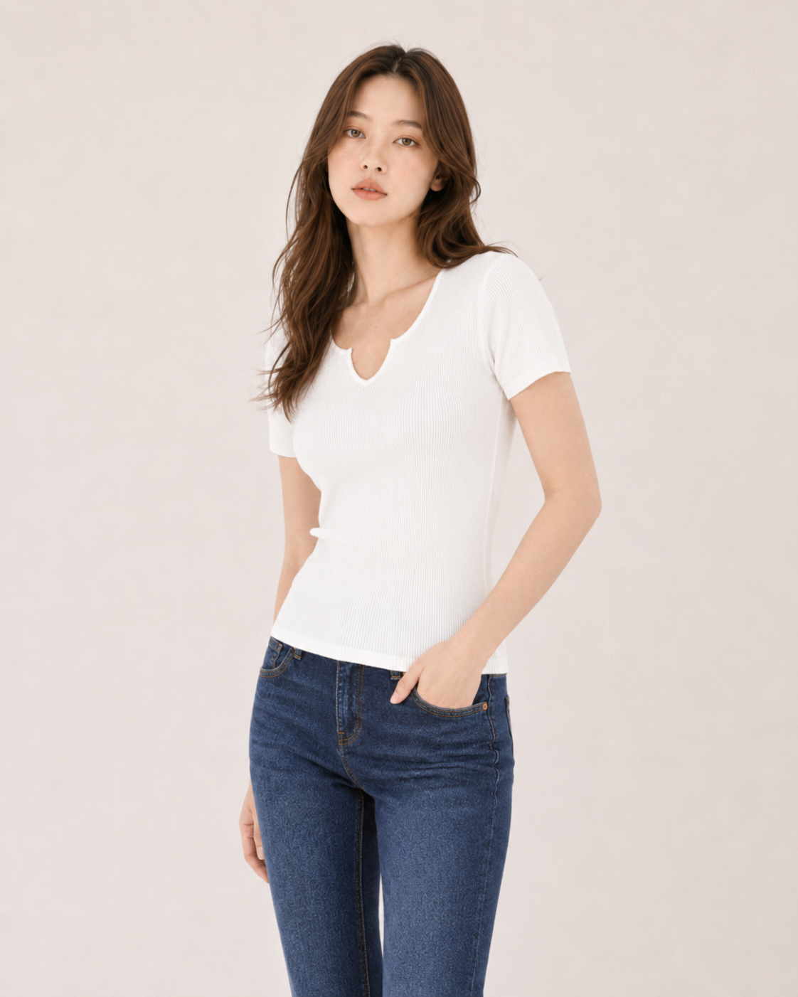 Aplaze Ribbed Notch Neck Short Sleeve Top White 71603