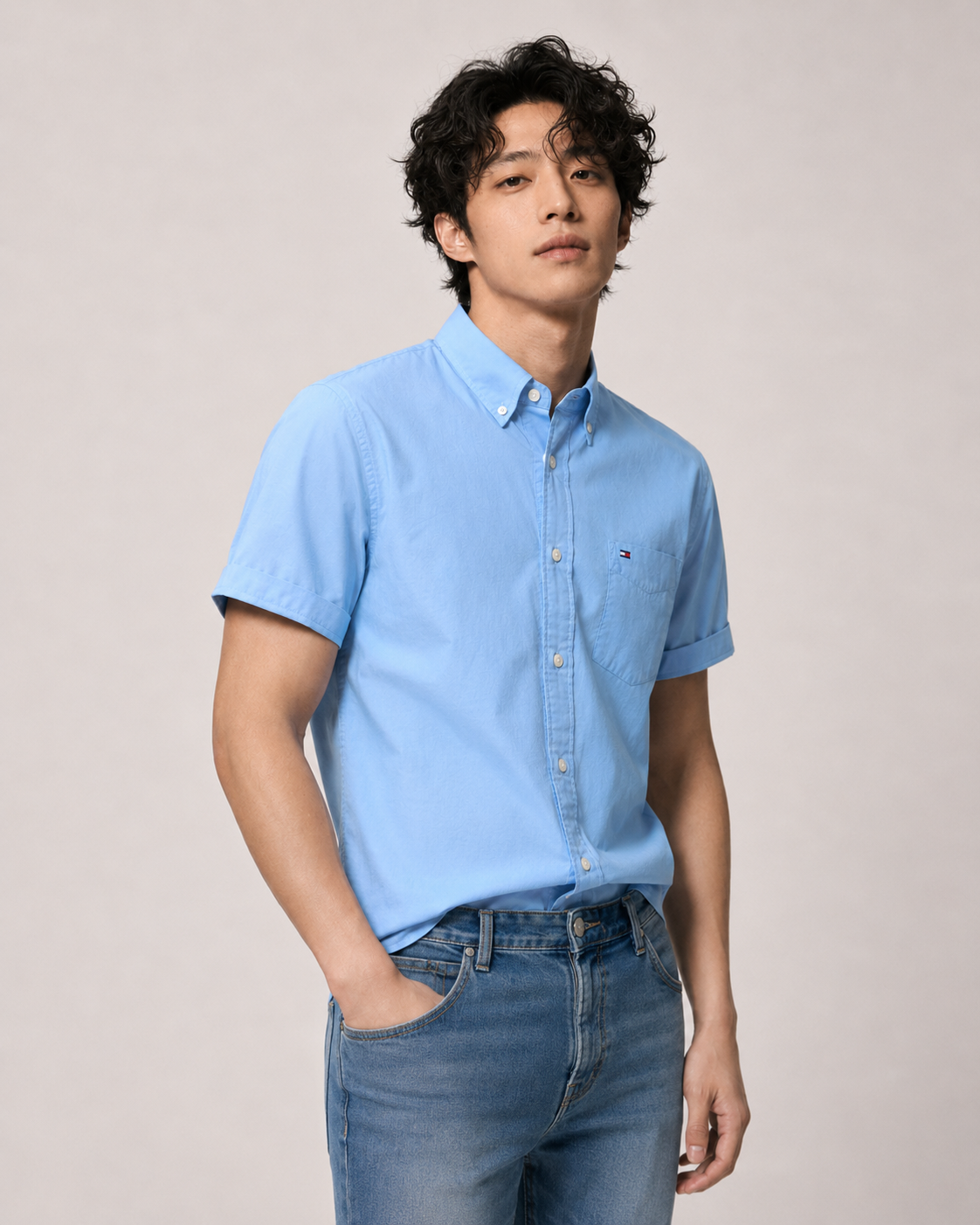 Tommy Hilfiger Men's Maxwell Shirt Short Sleeve Classic Fit Shirt Sleepy Blue 78J3904 430