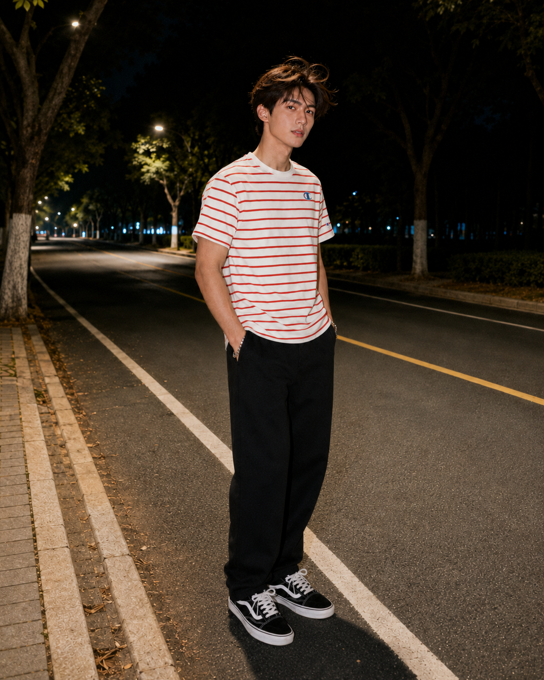 Champion Classic Slub Stripe T-shirt Chalk White/Solar Crimson T74695 407D55 AAPP