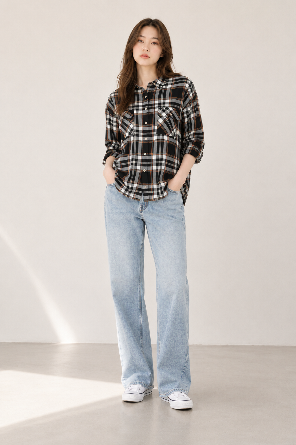 Aplaze Double Flap Pocket Button-up Plaid Shirt with Roll-up Long Sleeves Black 72681