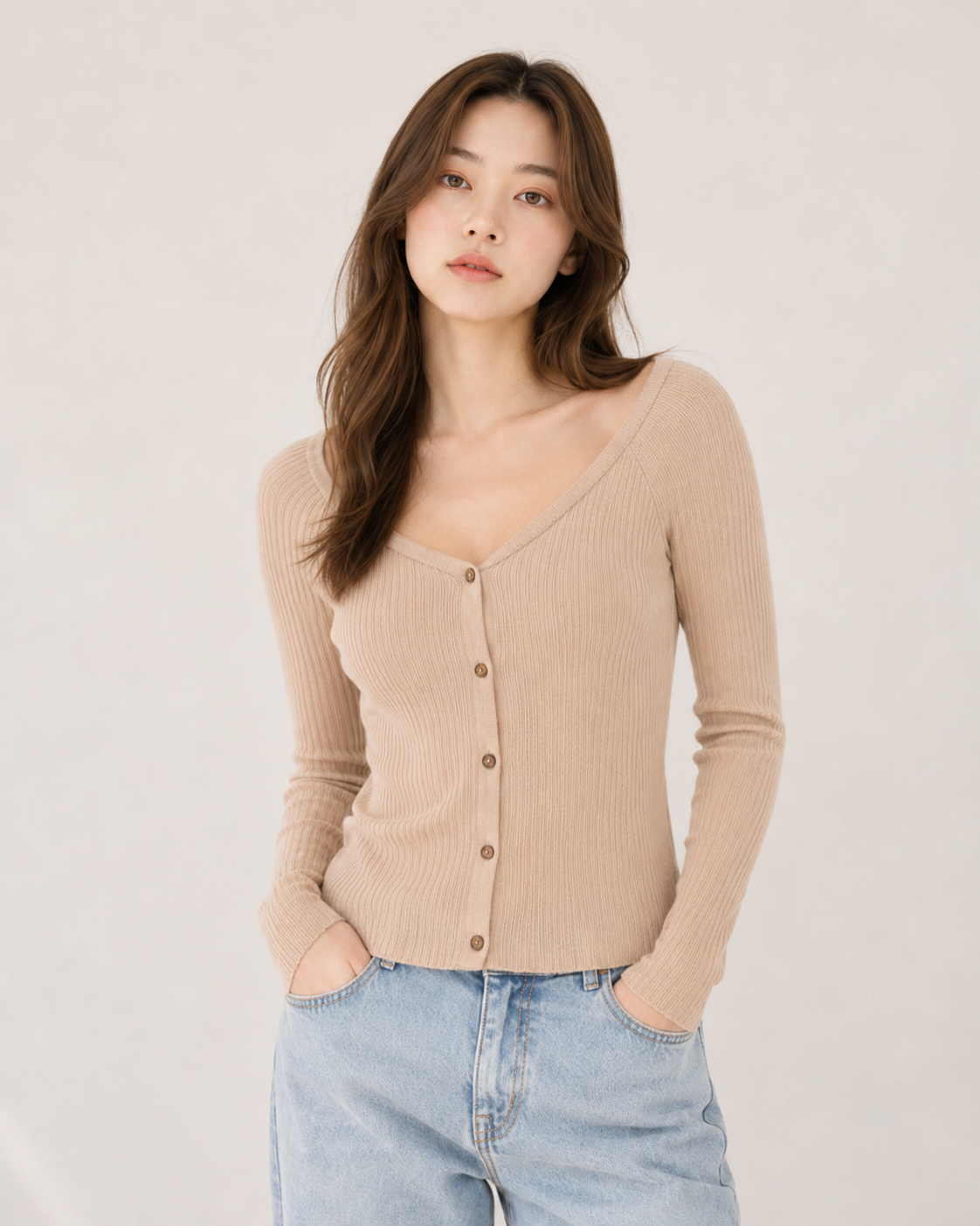 Aplaze Ribbed V-Neck Off-The-Shoulder Long Sleeve Bardot Crop Top Desert 71721