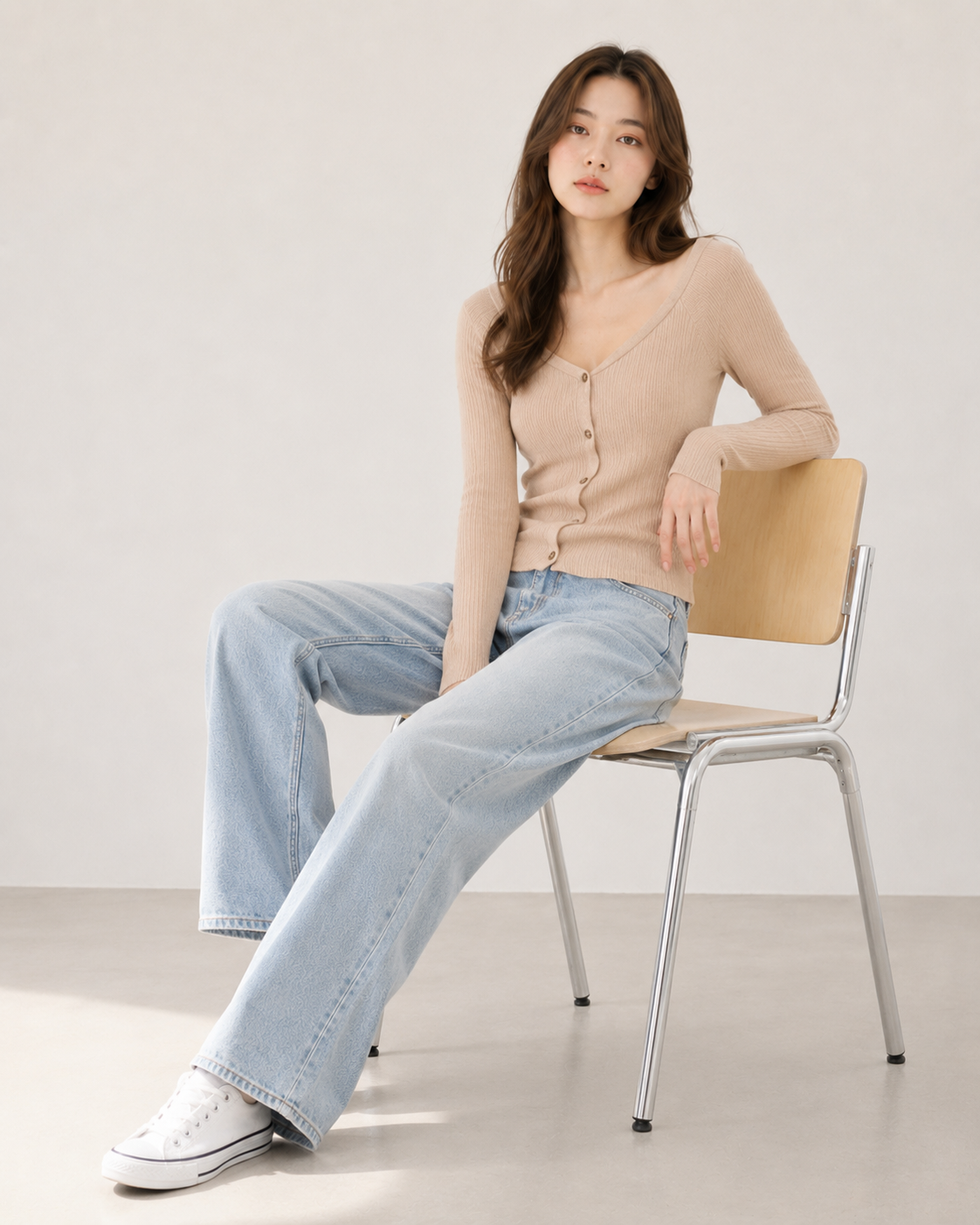 Aplaze Ribbed V-Neck Off-The-Shoulder Long Sleeve Bardot Crop Top Desert 71721