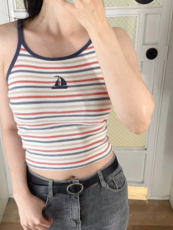 Cotton On Women's Striped Racer Back Graphic Cami Boat/Vintage White Stripe 205780801 MX1