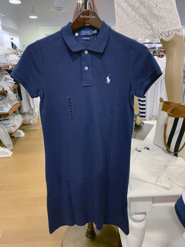 Polo Ralph Lauren Women's Long Ribbed Cotton Mesh Polo Short Sleeve Dress Navy 211570229001 B8