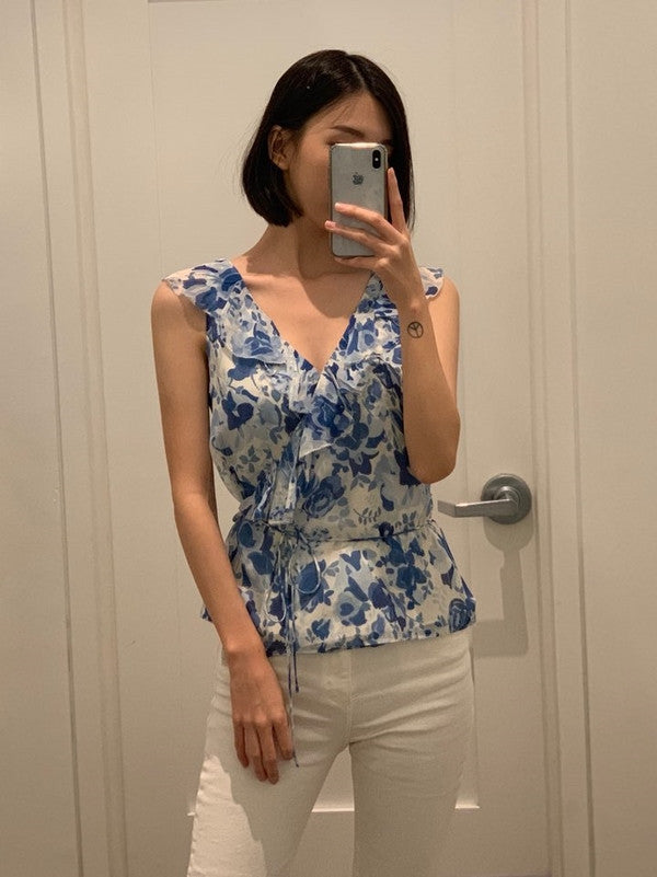 Polo Ralph Lauren Women's Flower Pattern Sleeveless Blouse Blue 211751687001 B14