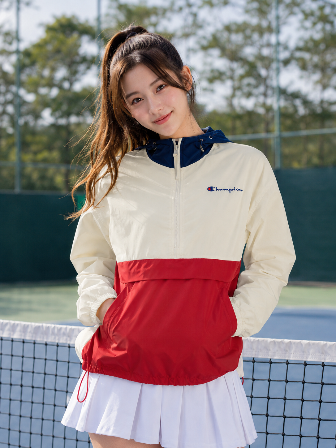 Champion Men's Color Blocked Packable Jacket Athletic Navy/Chalk White/Scarlet J1016 7N
