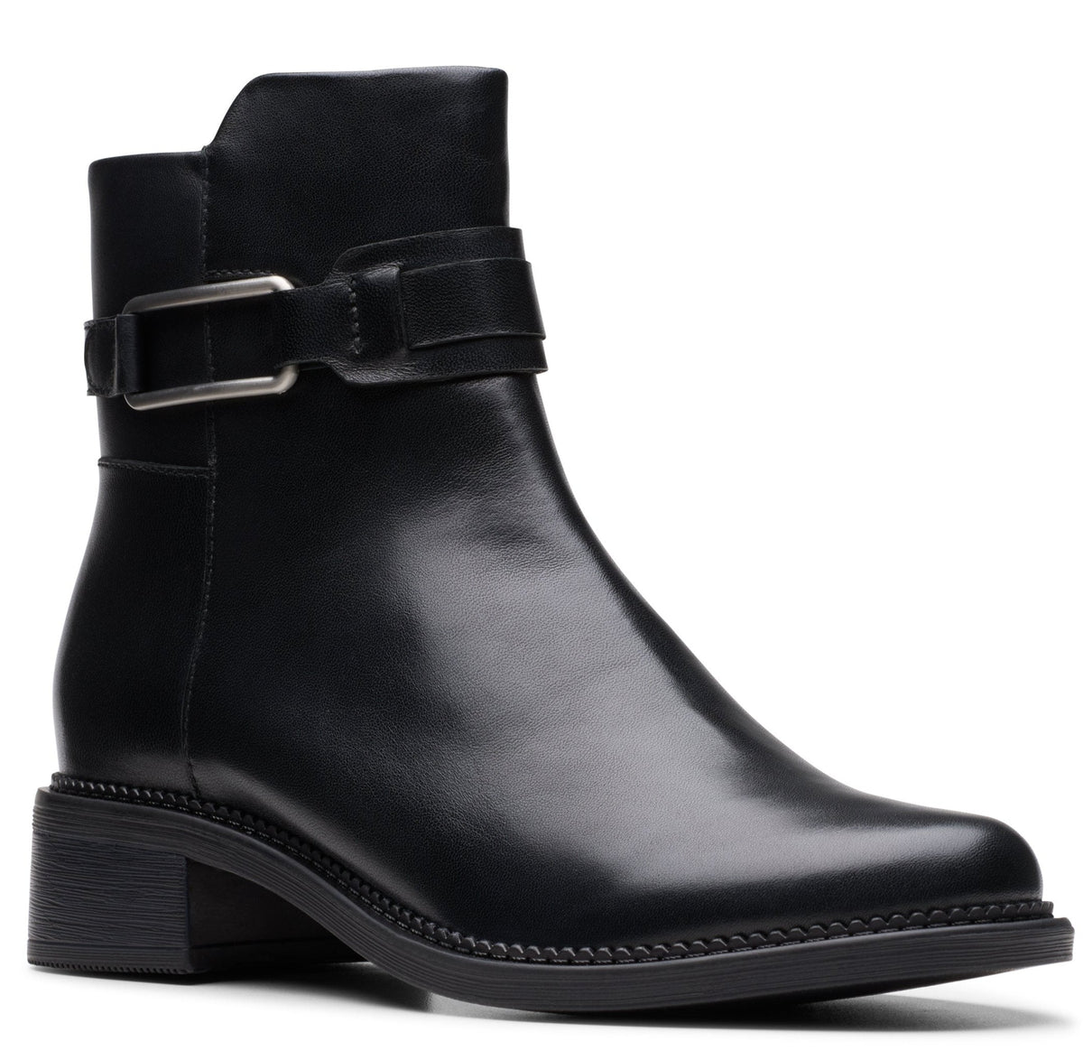 Clarks Women's Maye Bella Black Leather - front three-quarter view