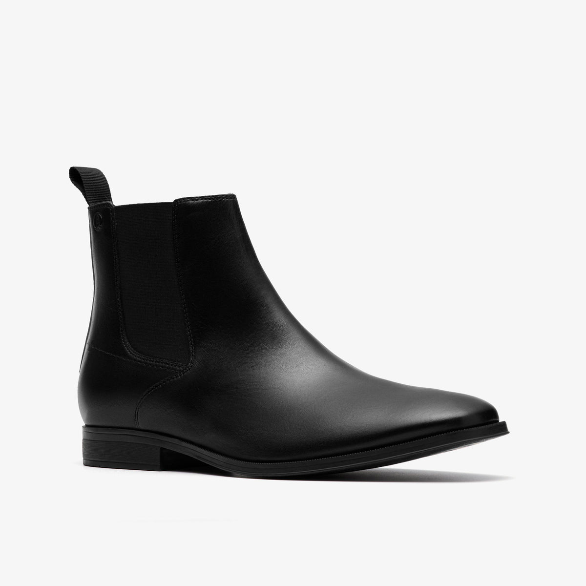 Clarks Men's Paulton Easy Black Leather Chelsea Boot 26183387 - three-quarter view