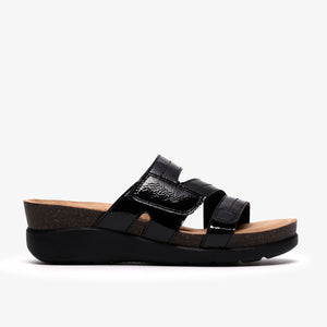 Clarks Womens Calenne Holly Black Patent Wedge Sandal 26187001