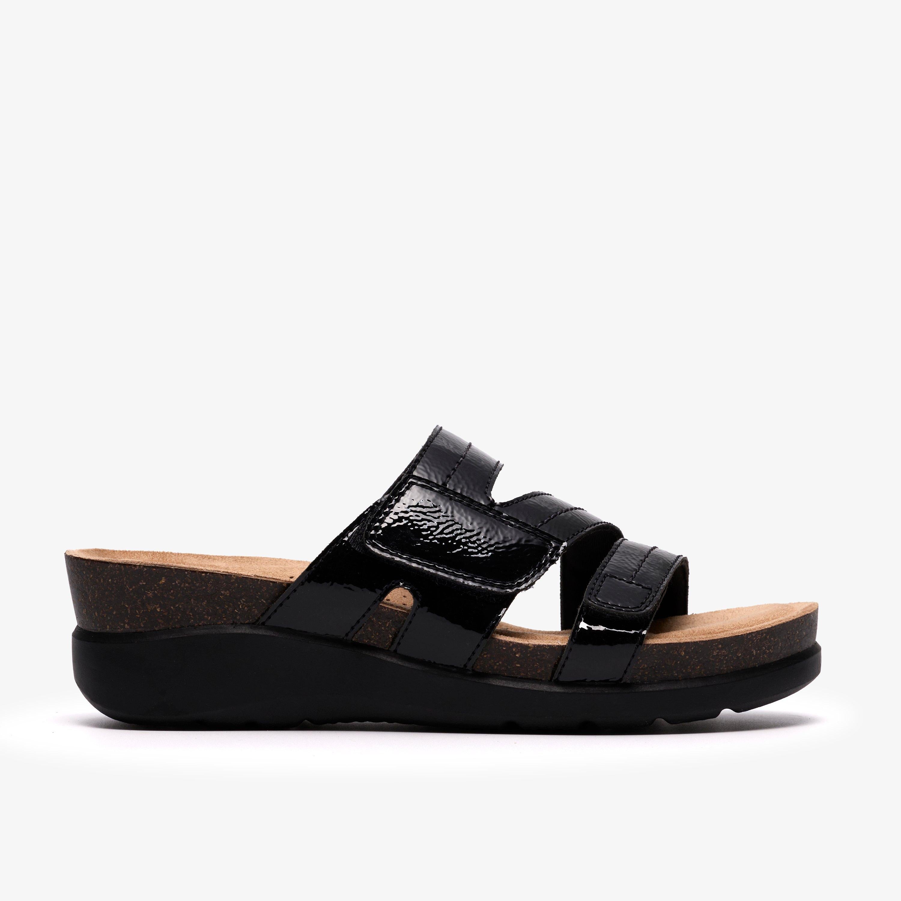 Clarks Womens Calenne Holly Black Patent Wedge Sandal 26187001