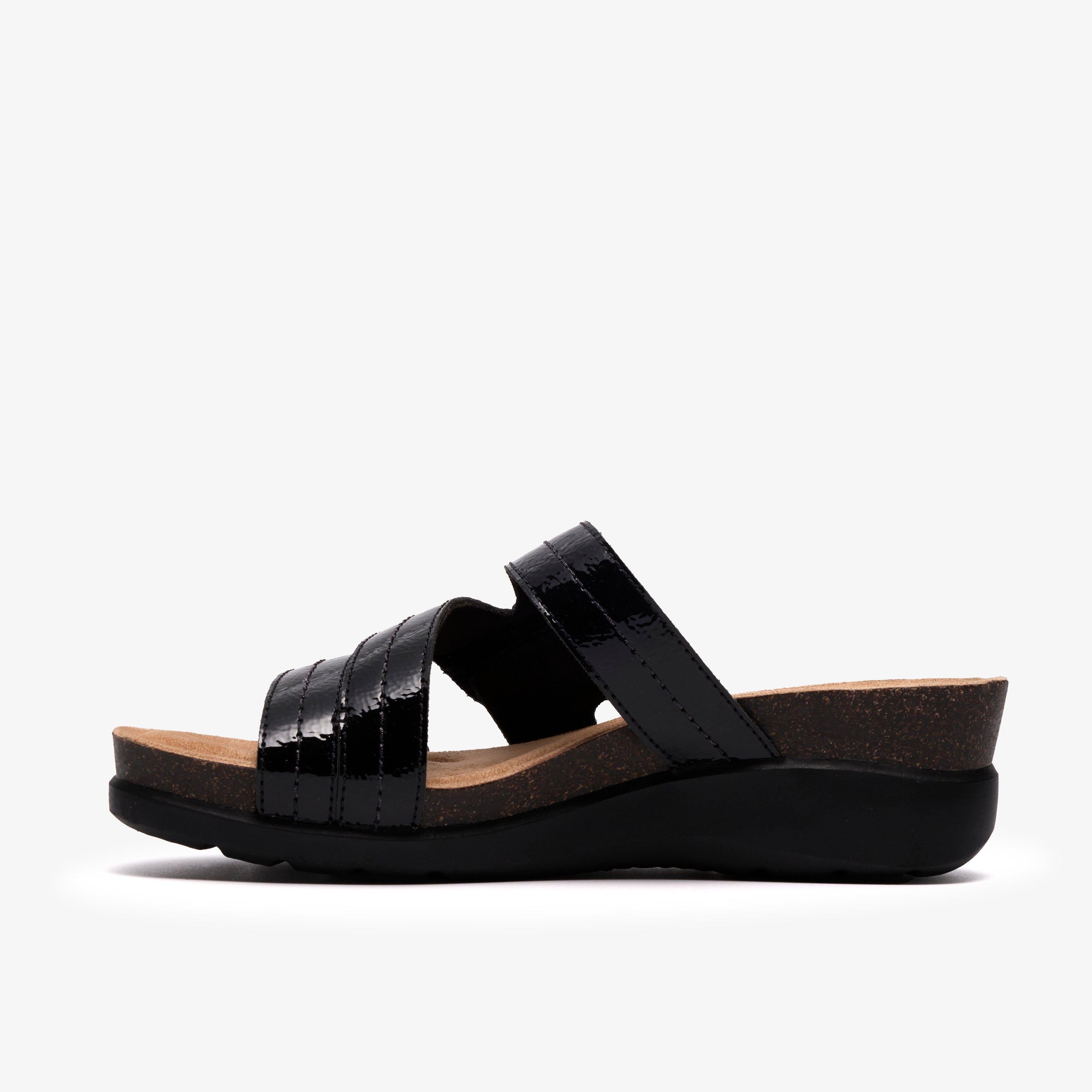 Clarks Womens Calenne Holly Black Patent Wedge Sandal 26187001