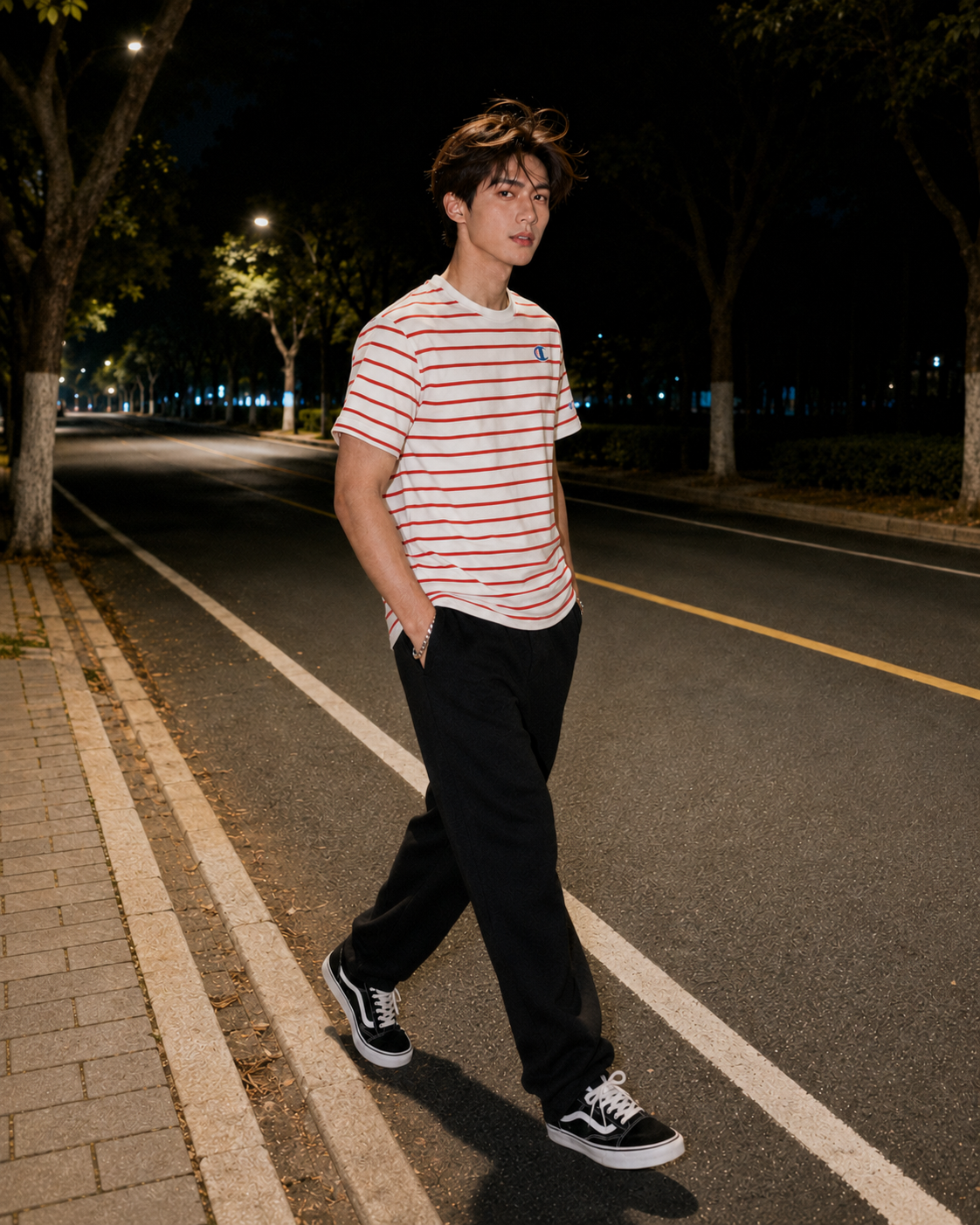 Champion Classic Slub Stripe T-shirt Chalk White/Solar Crimson T74695 407D55 AAPP