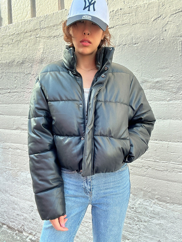 Zara Women's Leather Cropped Puffer Jacket Black 3427 804 800 Z1