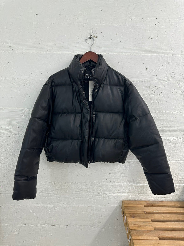 Zara Women's Leather Cropped Puffer Jacket Black 3427 804 800 Z1