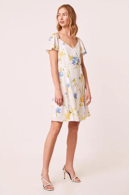 French Connection Eme Crepe Faux Wrap Dress Summer White Multi 71NGR
