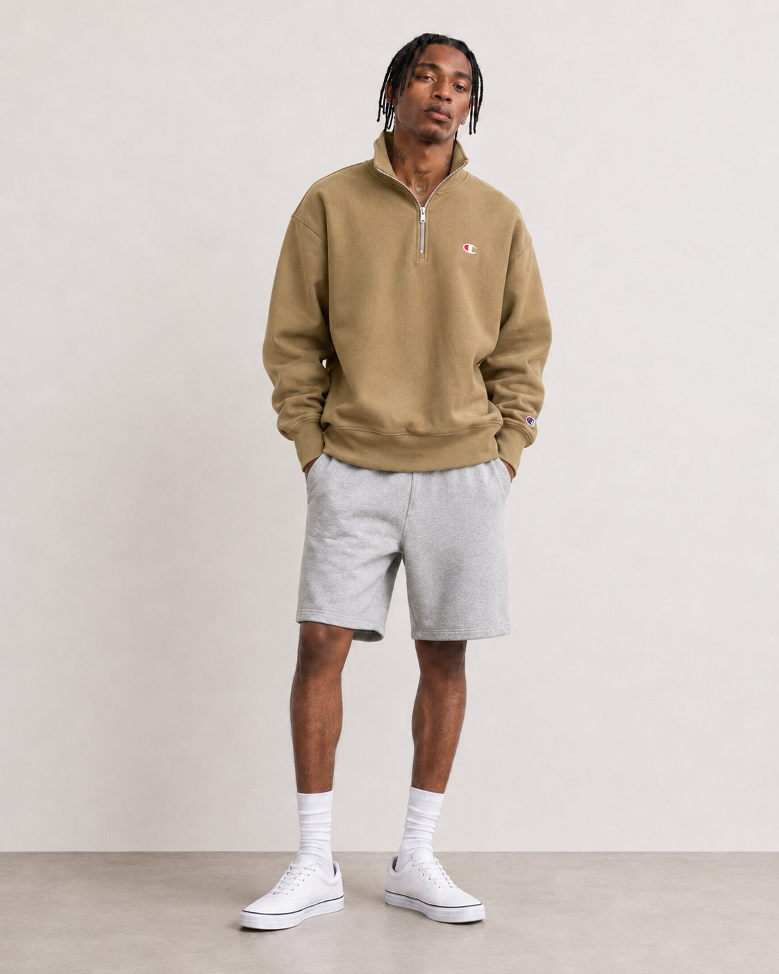 Champion Men's Reverse Weave Quarter Zip Embroidered C Logo Sweatshirt Whole Wheat Khaki S6873 549967 4W5