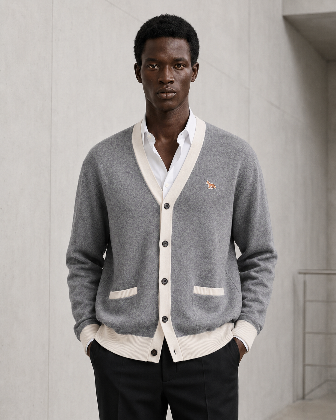 Maison Kitsune Unisex Baby Fox Patch Bi-Color Classic Cardigan Grey Melange HU00542KT1036 H150