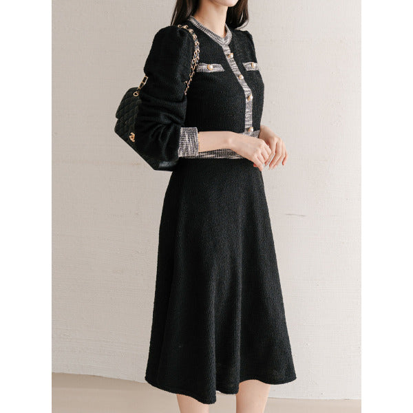 트위드 배색라인 미디 원피스_M2509OP093C