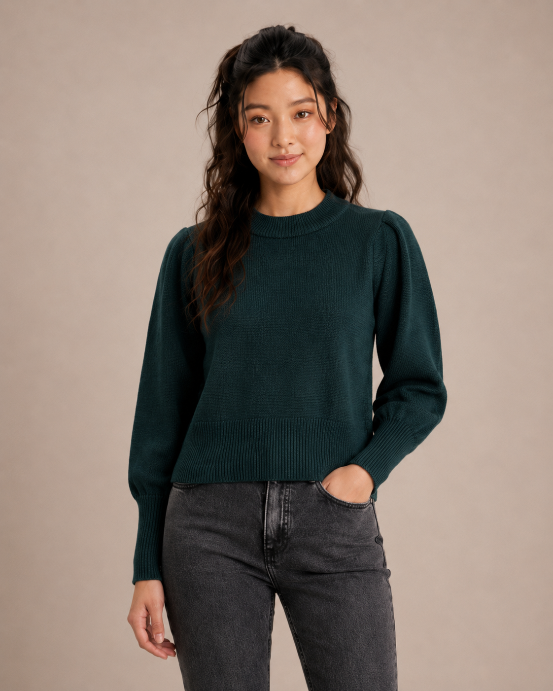 French Connection Cropped Balloon Sleeve Plain Jumper Knit 30 Byron Green 78PXB