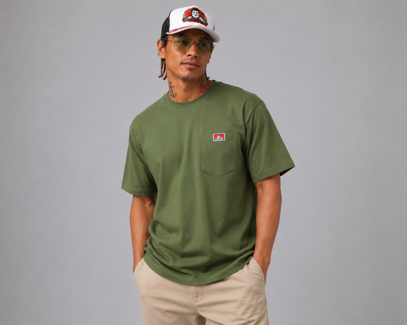 Ben Davis Classic Label Heavy Duty Short Sleeve Pocket T-Shirt Olive 912