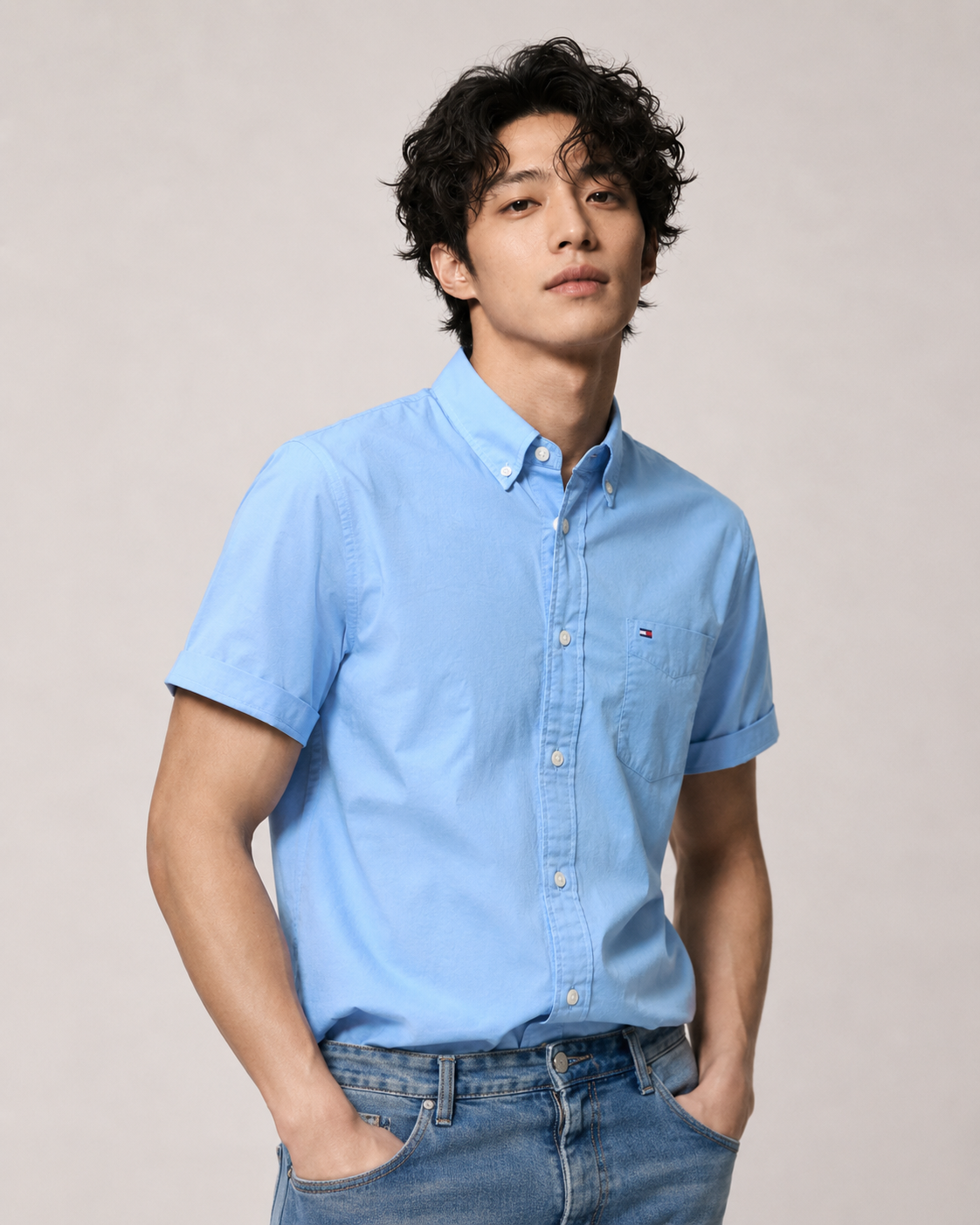 Tommy Hilfiger Men's Maxwell Shirt Short Sleeve Classic Fit Shirt Sleepy Blue 78J3904 430