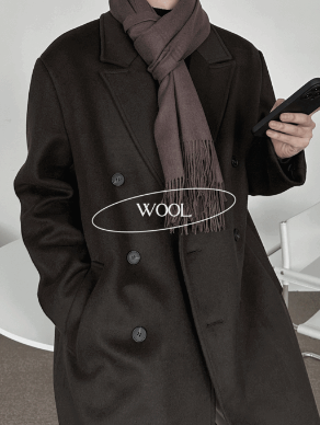 Men Premium Long Black Overcoat  Double Breasted Black Wool Coat