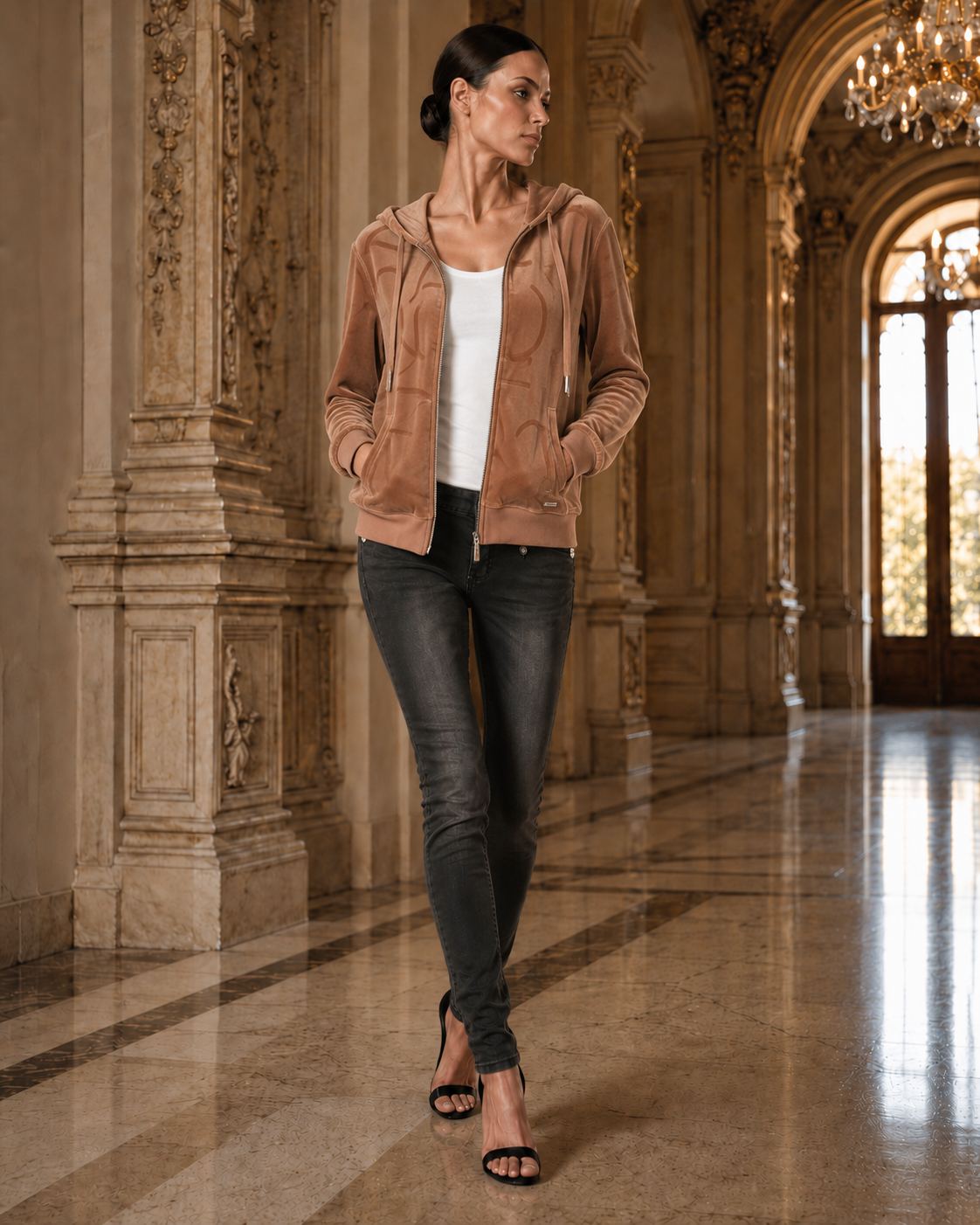 Calvin Klein Women's Embossed Logo Velour Zip Front Hooded Jacket Cafe Ole M3XET878 UFU C1