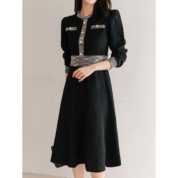 트위드 배색라인 미디 원피스_M2509OP093C