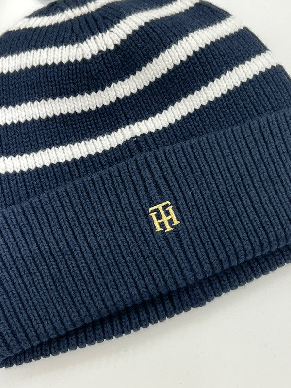 Tommy Hilfiger Women's TH Logo Embroidered Stripe Knit Beanie Navy 69J7432 410 T10