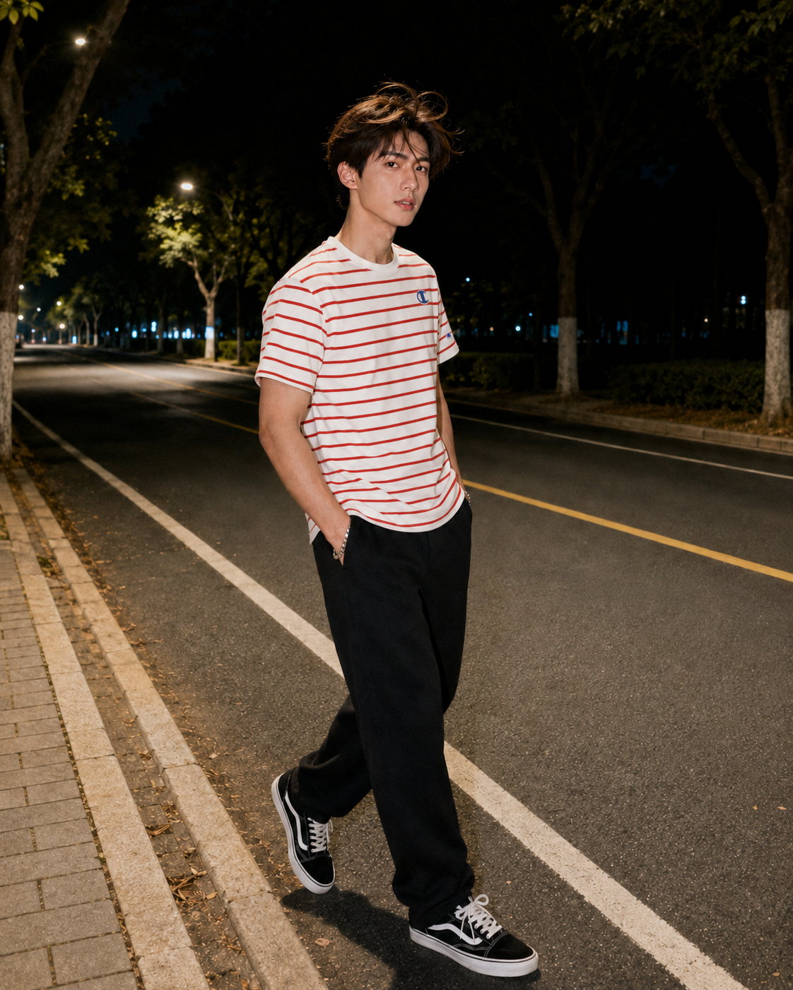 Champion Classic Slub Stripe T-shirt Chalk White/Solar Crimson T74695 407D55 AAPP
