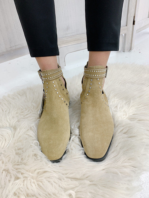 Zara Women's Studded Low Heeled Split Leather Ankle Boots Khaki 7170 001 105 Z2