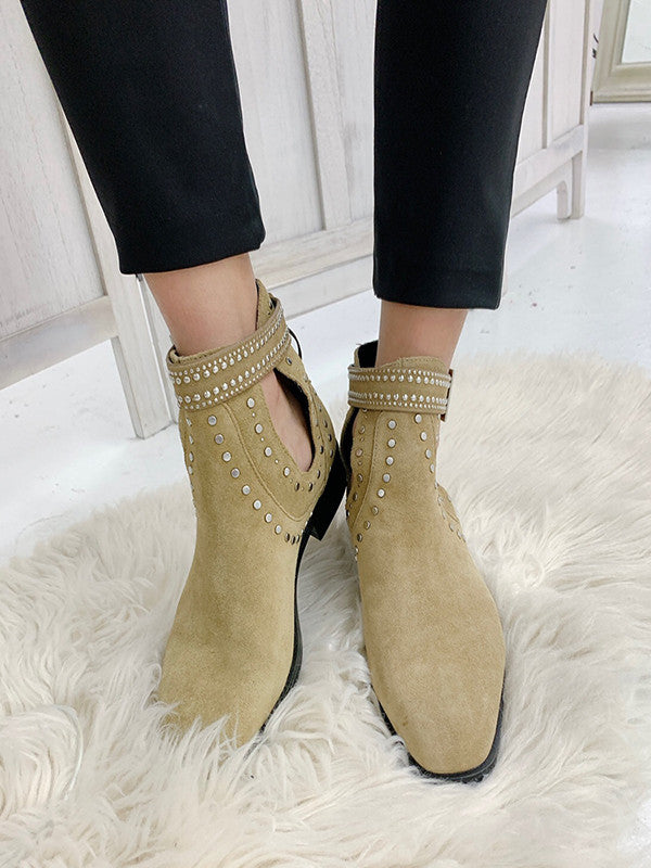 Zara Women's Studded Low Heeled Split Leather Ankle Boots Khaki 7170 001 105 Z2