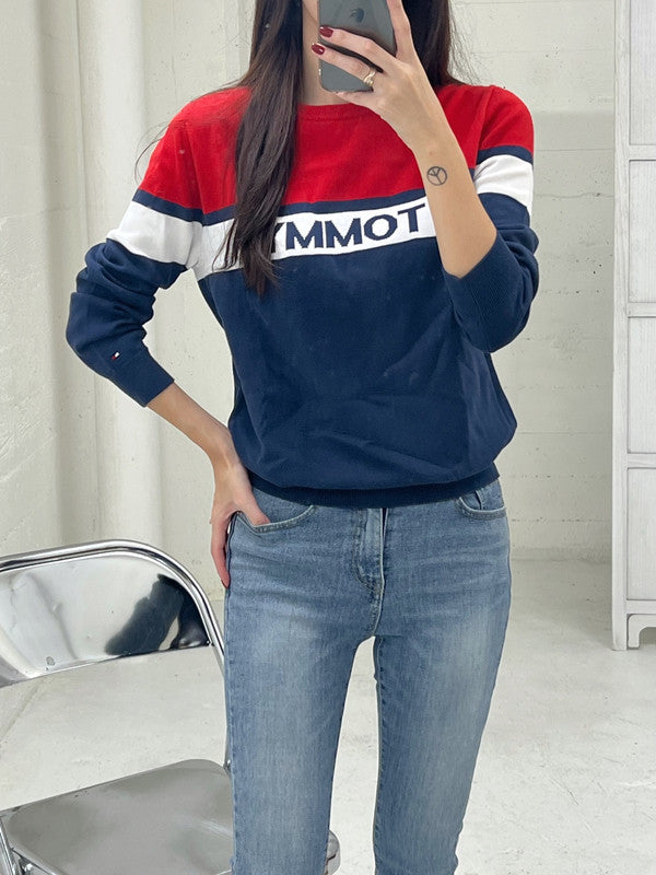 Tommy Hilfiger Boy's Embroidered Logo Stripe Sweater Twilight Navy Blue/White/Red 71J2191 410 T2