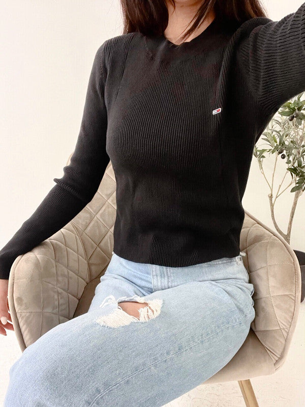 Tommy Hilfiger Women's Mini Flag Logo Long Sleeve T-Shirt Black 76J3371 001 T2