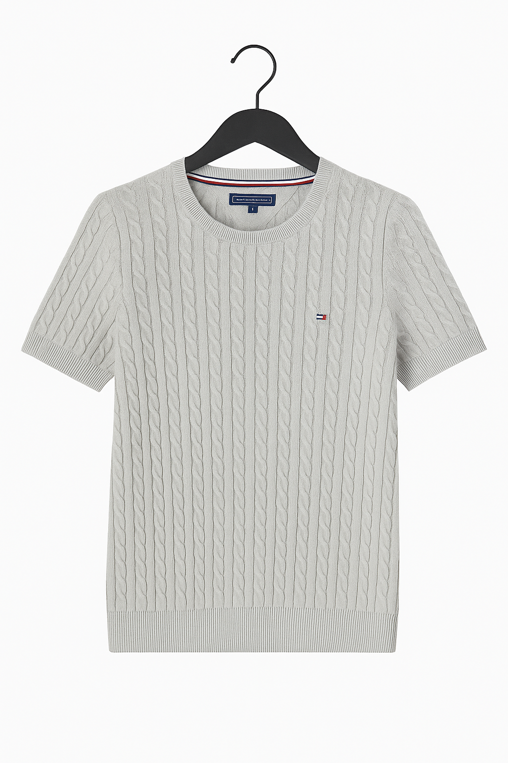 Tommy Hilfiger Women's Cable Short Sleeve Cable Knit Sweater Light Grey 76J3594 050 T11