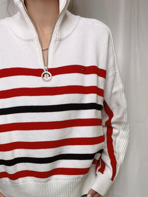 Tommy Hilfiger Women's Striped Half-Zip Cotton Sweater Stripe Multi 76J3831 111 T1